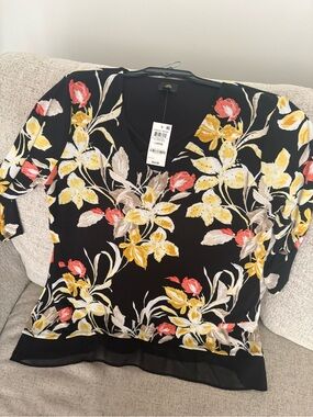 JM Collection Black Floral V-Neck Top with Yellow & Coral Blooms